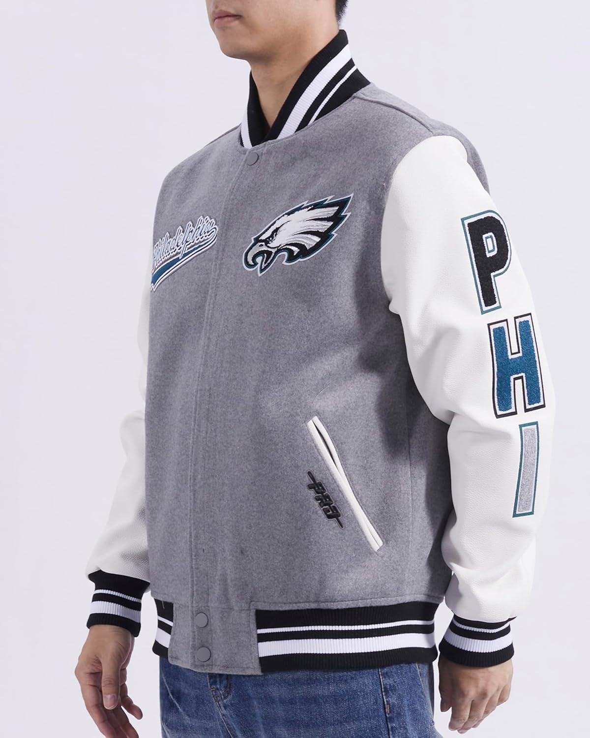 imagePro Standard Mens NFL Script Tail Varsity JacketHeather GreyWhiteBlack