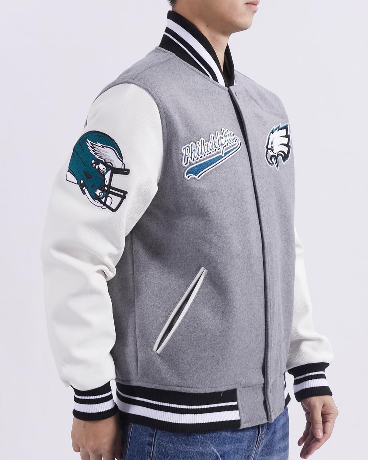 imagePro Standard Mens NFL Script Tail Varsity JacketHeather GreyWhiteBlack