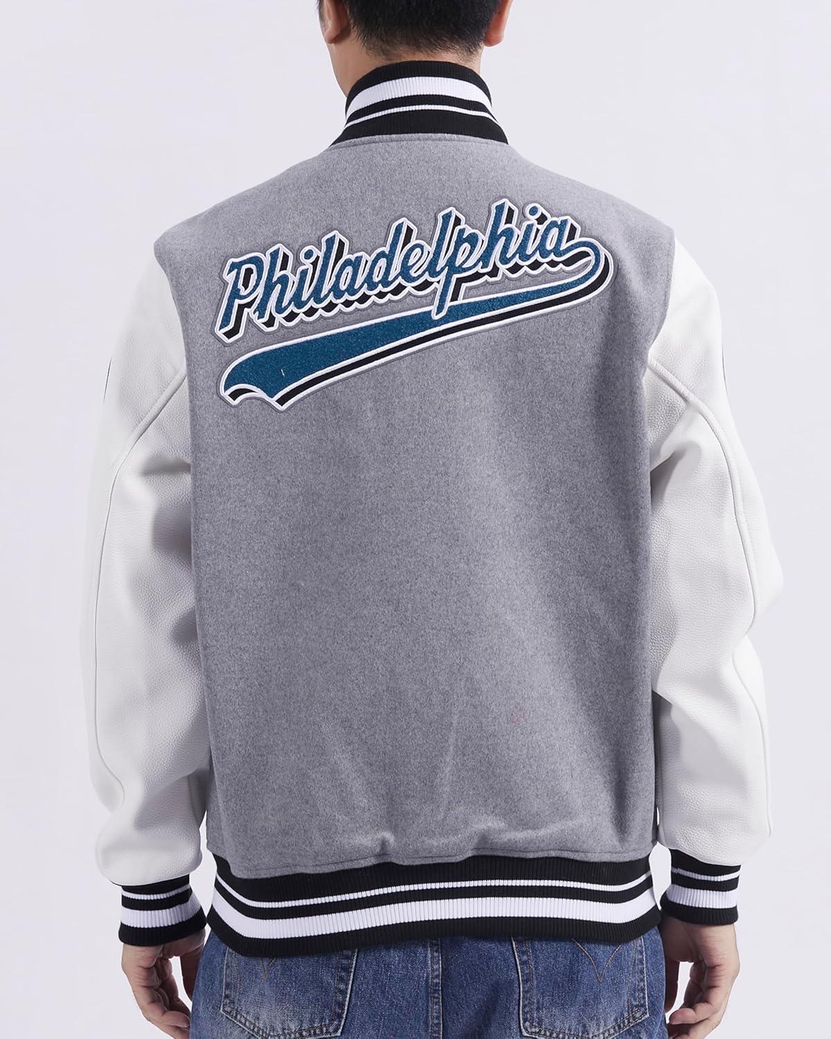 imagePro Standard Mens NFL Script Tail Varsity JacketHeather GreyWhiteBlack