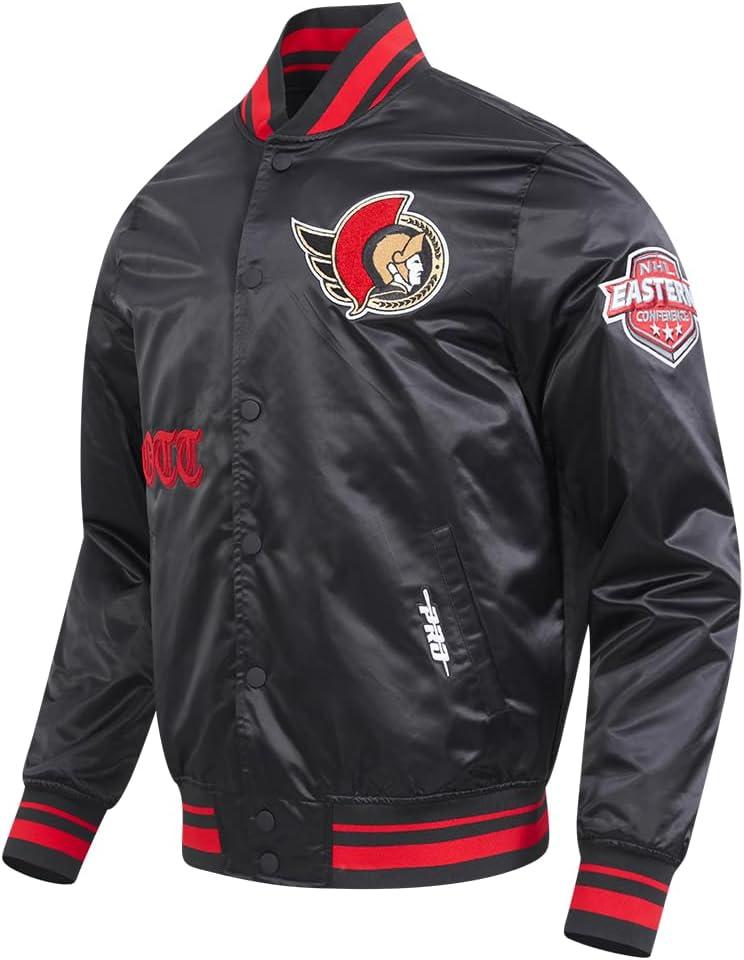 imagePro Standard Mens NHL Old English Satin JacketBlackRedBlack