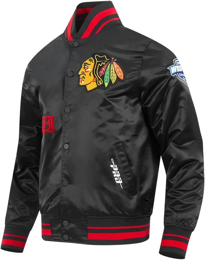 imagePro Standard Mens NHL Old English Satin JacketBlackRedBlack