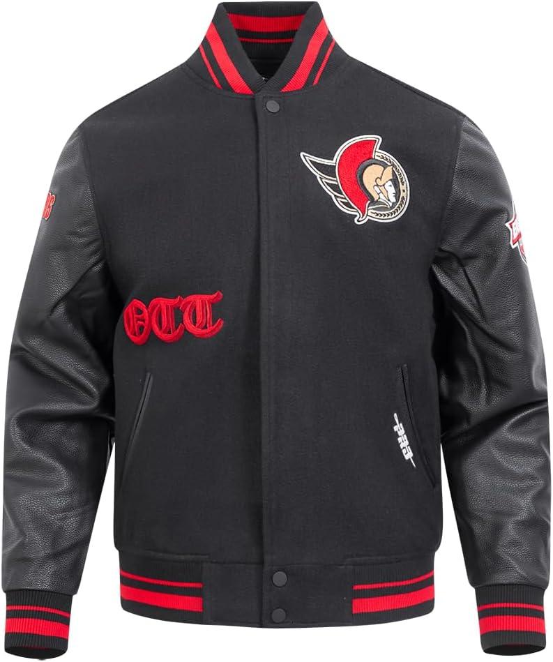 imagePro Standard Mens NHL Old English Varsity JacketBlackRedBlack