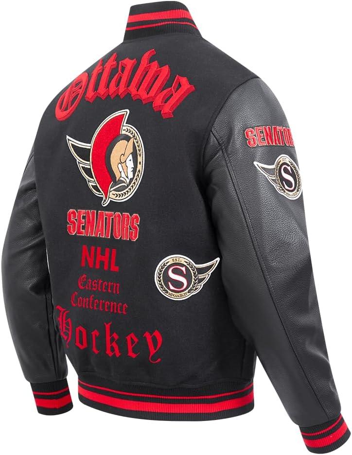 imagePro Standard Mens NHL Old English Varsity JacketBlackRedBlack