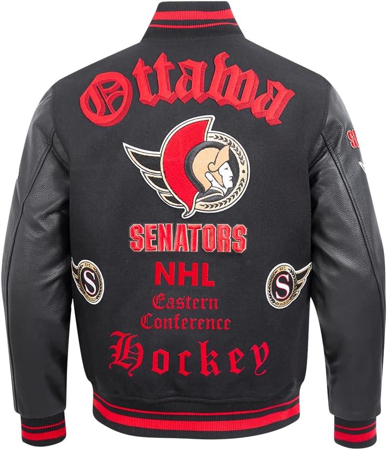 imagePro Standard Mens NHL Old English Varsity JacketBlackRedBlack
