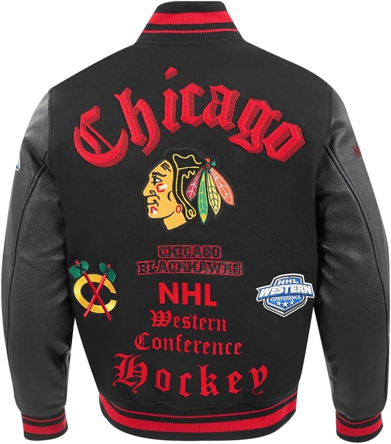 imagePro Standard Mens NHL Old English Varsity JacketBlackRedBlack