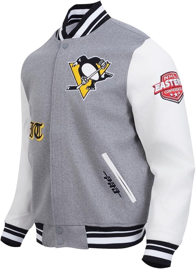 imagePro Standard Mens NHL Old English Varsity JacketHeather GreyWhiteBlack