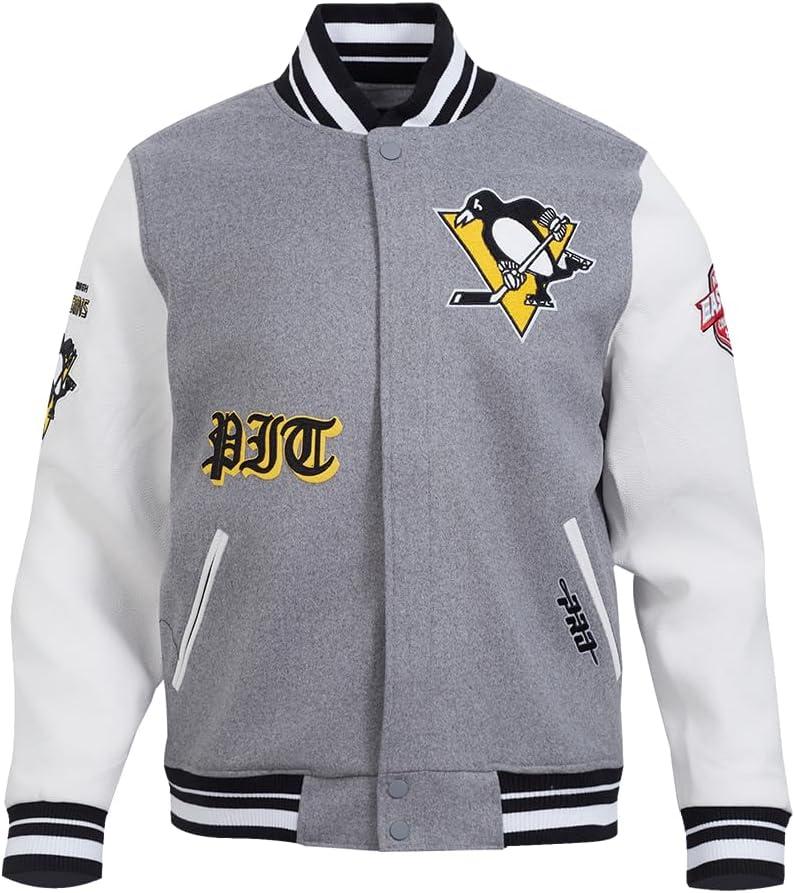imagePro Standard Mens NHL Old English Varsity JacketHeather GreyWhiteBlack