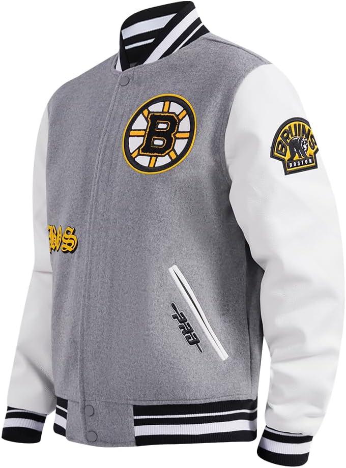 imagePro Standard Mens NHL Old English Varsity JacketHeather GreyWhiteBlack