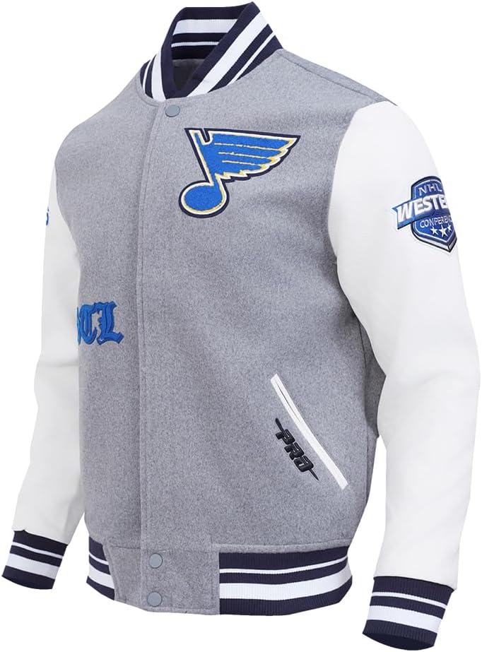 imagePro Standard Mens NHL Old English Varsity JacketHeather GreyWhiteMidnight Navy
