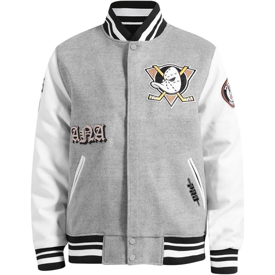 imagePro Standard Mens NHL Old English Varsity JacketHeather GreyWhiteBlack