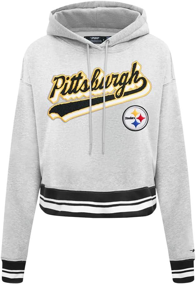 imagePro Standard Womens NFL Script Tail Brushed Back French Terry Cropped Pullover HoodieHeather GrayBlack