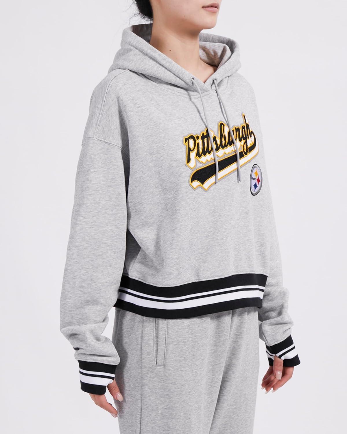 imagePro Standard Womens NFL Script Tail Brushed Back French Terry Cropped Pullover HoodieHeather GrayBlack