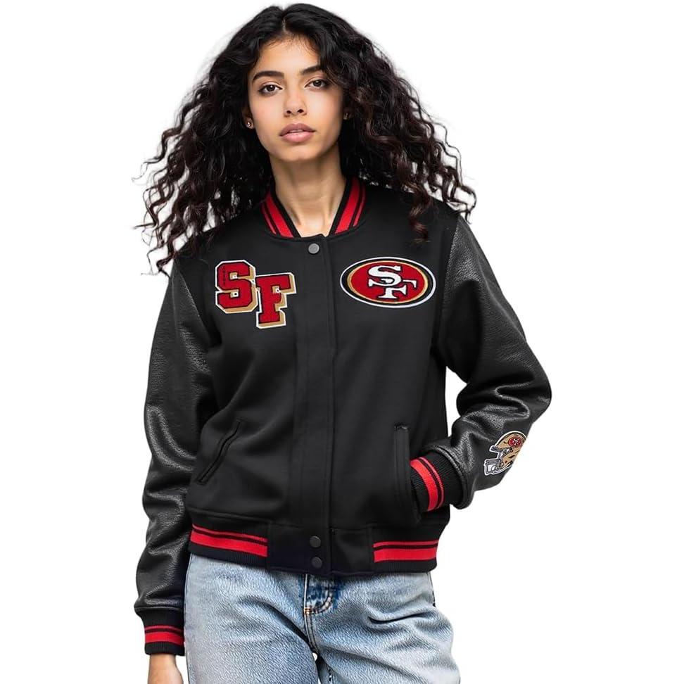 imagePro Standard Womens NFL Mash Up Varsity JacketBlackRedBlack