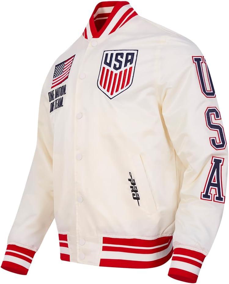 imagePro Standard Mens USSF Classic Chenille Ribbed Satin JacketEggshell Red