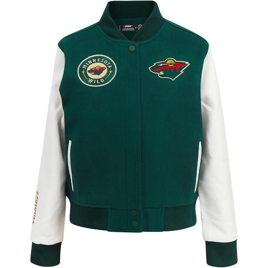 imagePro Standard NHL womens Pro Standard Womens Nhl Classic Chenille Wool Varsity JacketForest GreenWhite