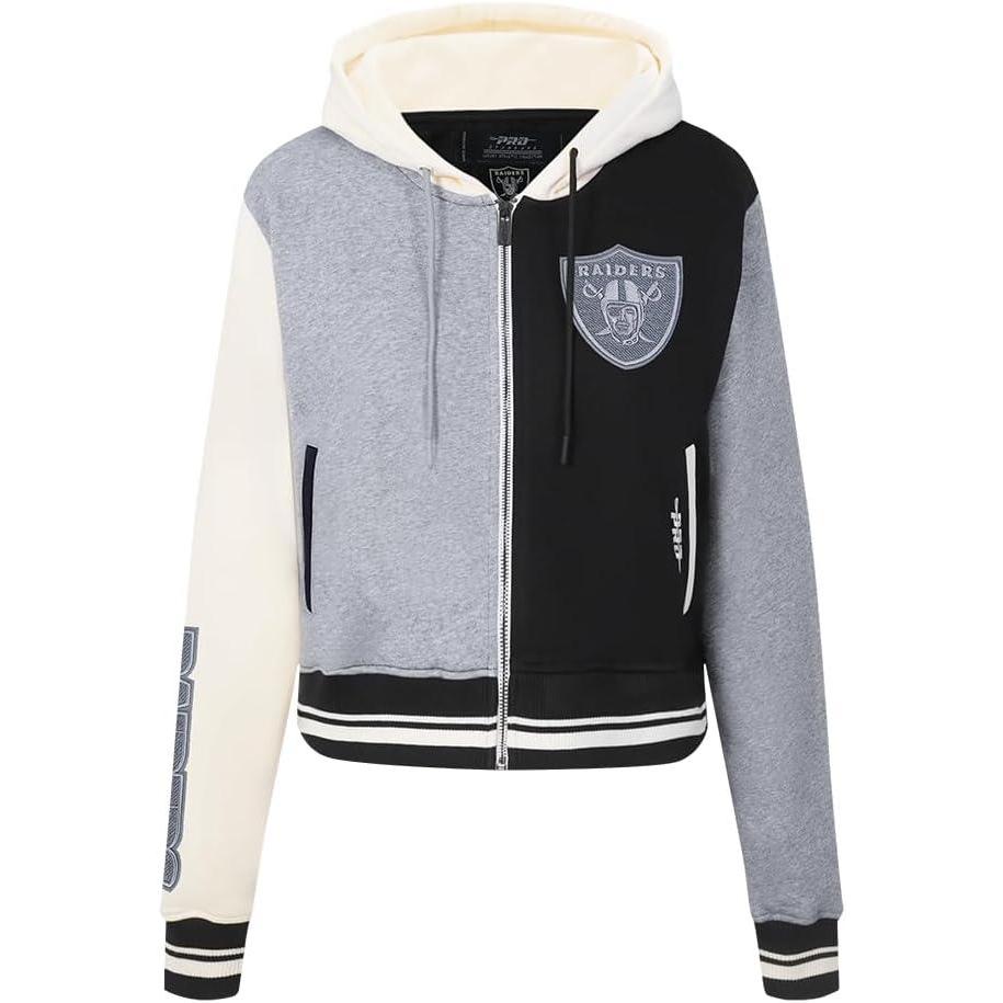 imagePro Standard Womens NFL Reverse French Terry Fleece Cropped Full Zip HoodieBlackGrayEggshell