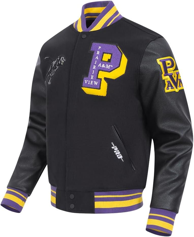 imagePro Standard NCAA mens Pro Standard Mens College Classic Chenille Wool Varsity JacketBlackPurpleYellow
