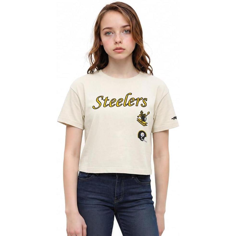 imagePro Standard Big Girls NFL Pittsburgh Steelers Retro Classics Short Sleeve Boxy Tee Eggshell S