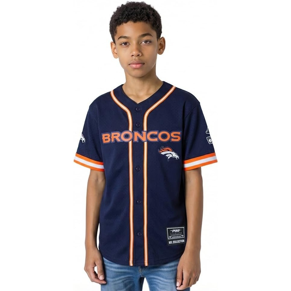 image:imagePro Standard Big Boys NFL Denver Broncos Mesh Button Down Mesh Top Midnight NavyOrange L